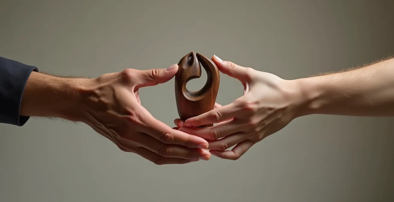 Deux mains se rejoignent dans un geste délicat de transmission, échangeant une sculpture abstraite en bois précieux aux formes organiques, symbolisant le passage d'un héritage et la continuité patrimoniale