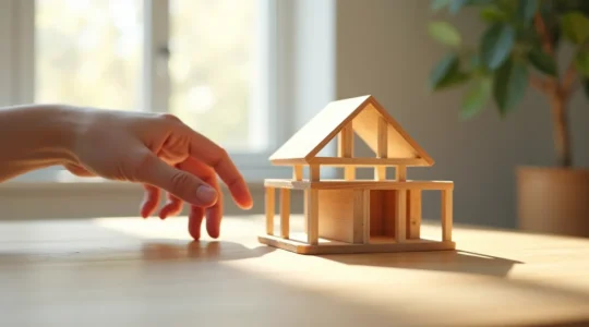 Une main tient délicatement une maquette architecturale miniature d'une maison familiale, symbolisant la construction d'un patrimoine stable et la planification financière à long terme