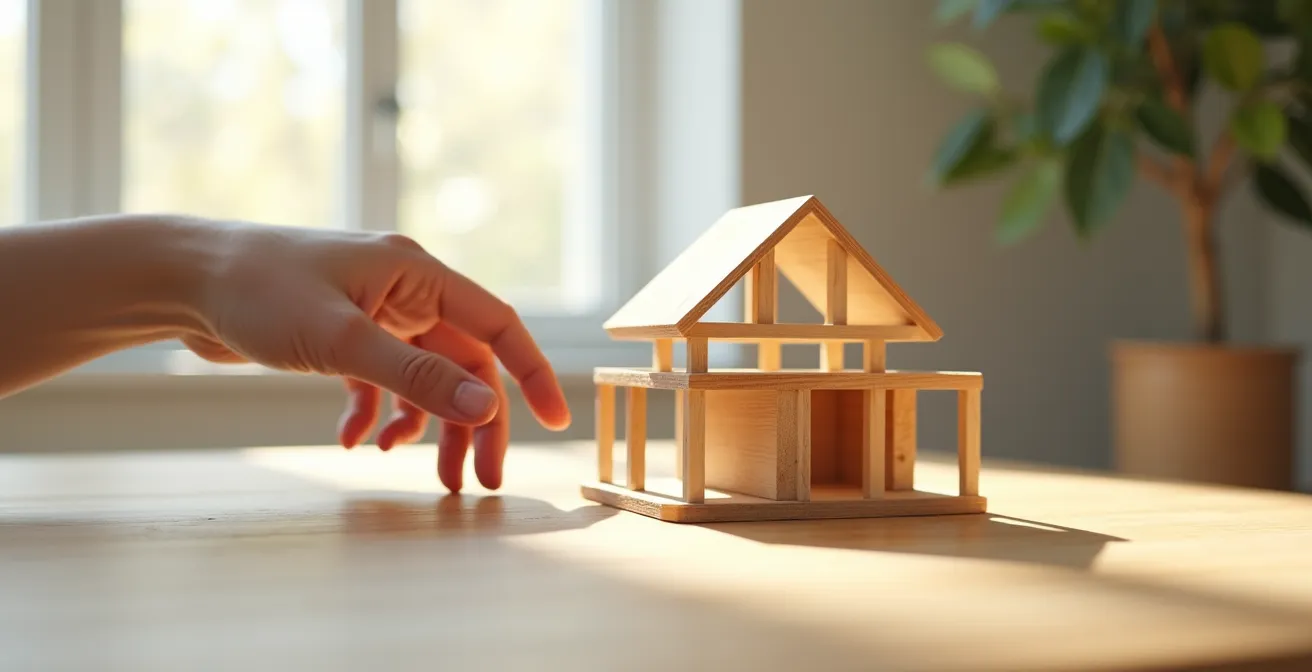 Une main tient délicatement une maquette architecturale miniature d'une maison familiale, symbolisant la construction d'un patrimoine stable et la planification financière à long terme