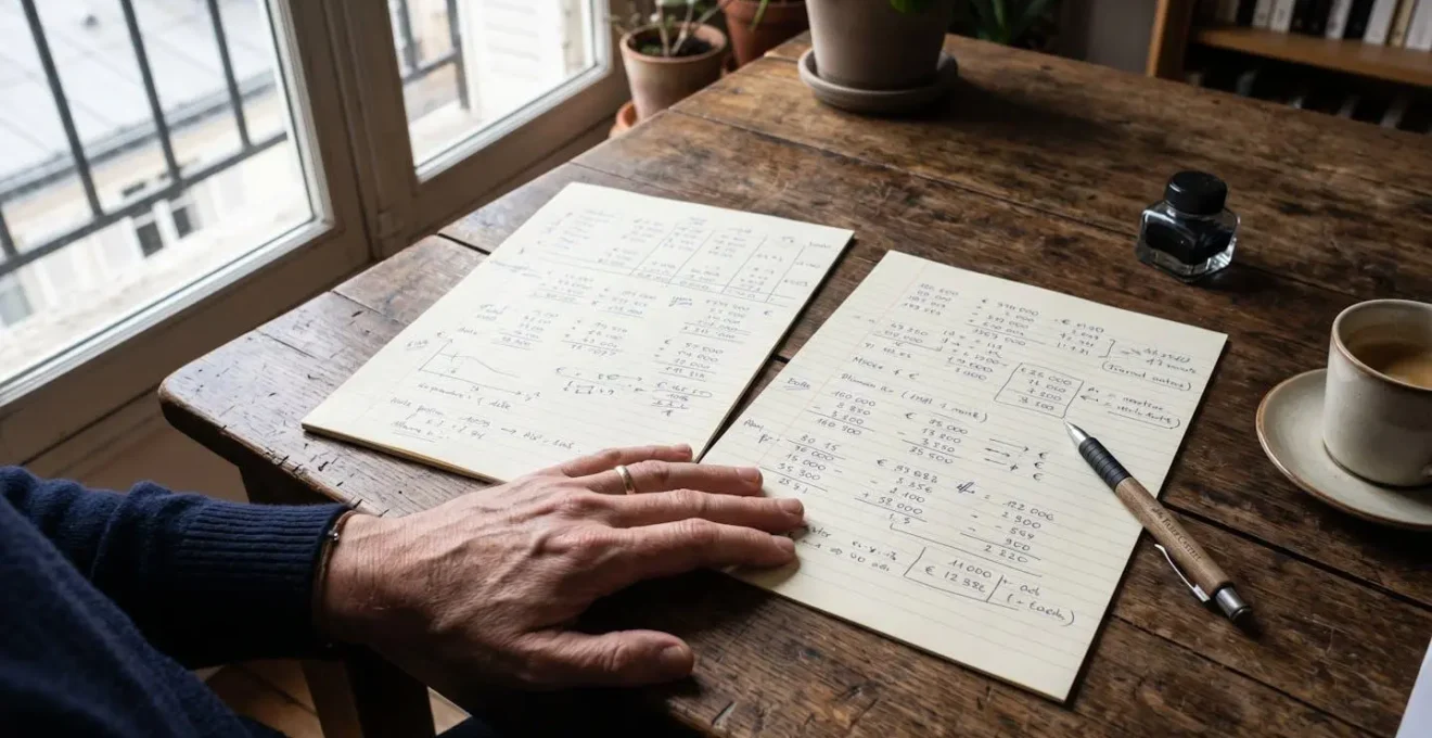 Une personne réfléchissant devant deux feuilles de calcul posées sur une table, représentant la comparaison entre deux options d'épargne