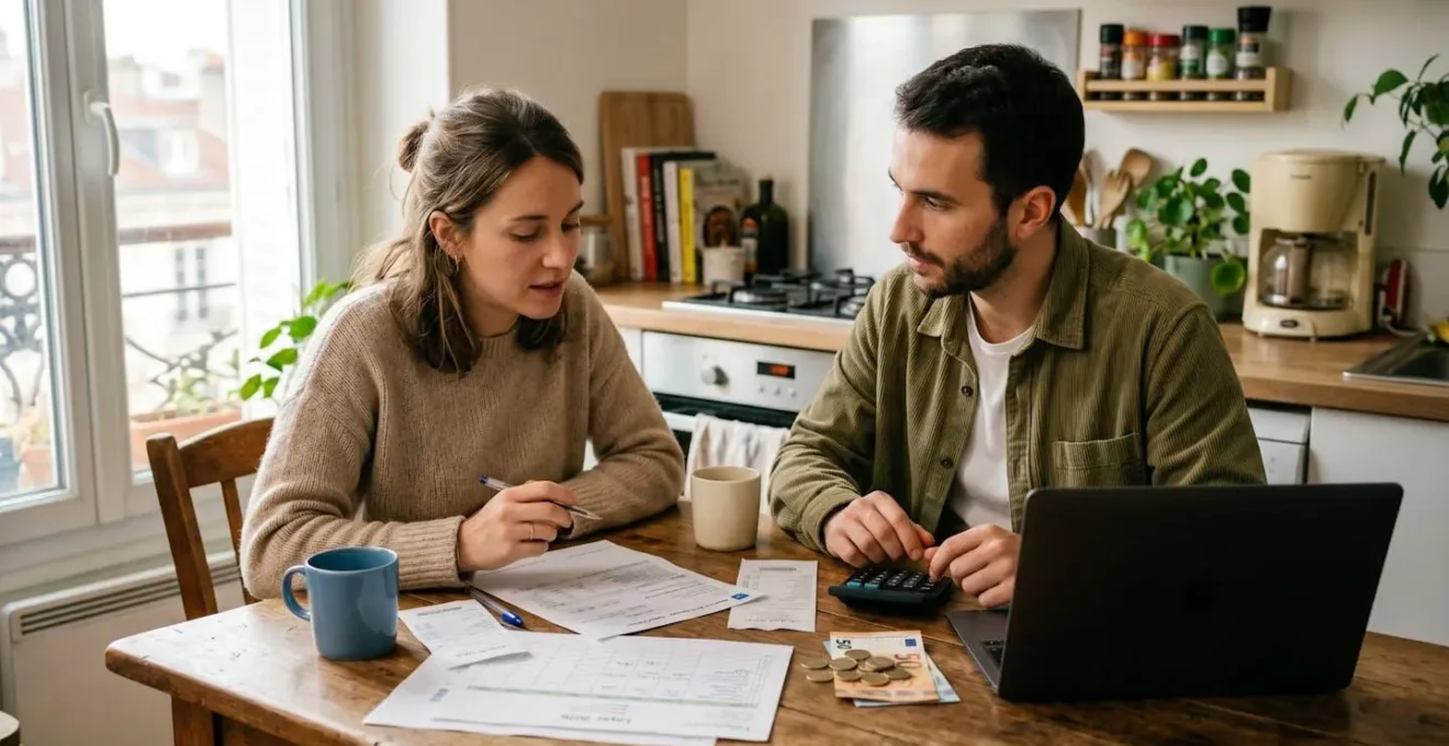 Un couple de jeunes actifs consulte des documents financiers et fait des calculs pour préparer leur apport immobilier