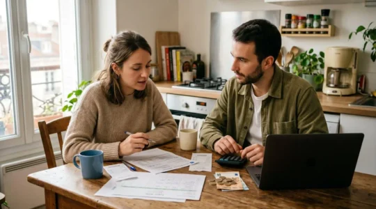 Un couple de jeunes actifs consulte des documents financiers et fait des calculs pour préparer leur apport immobilier