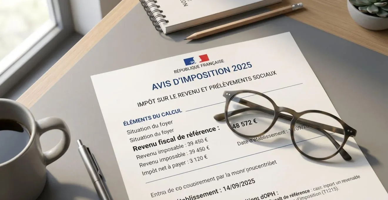 Illustration isométrique d'un avis d'imposition français avec mise en évidence de la ligne revenu fiscal de référence et pictogrammes de validation
