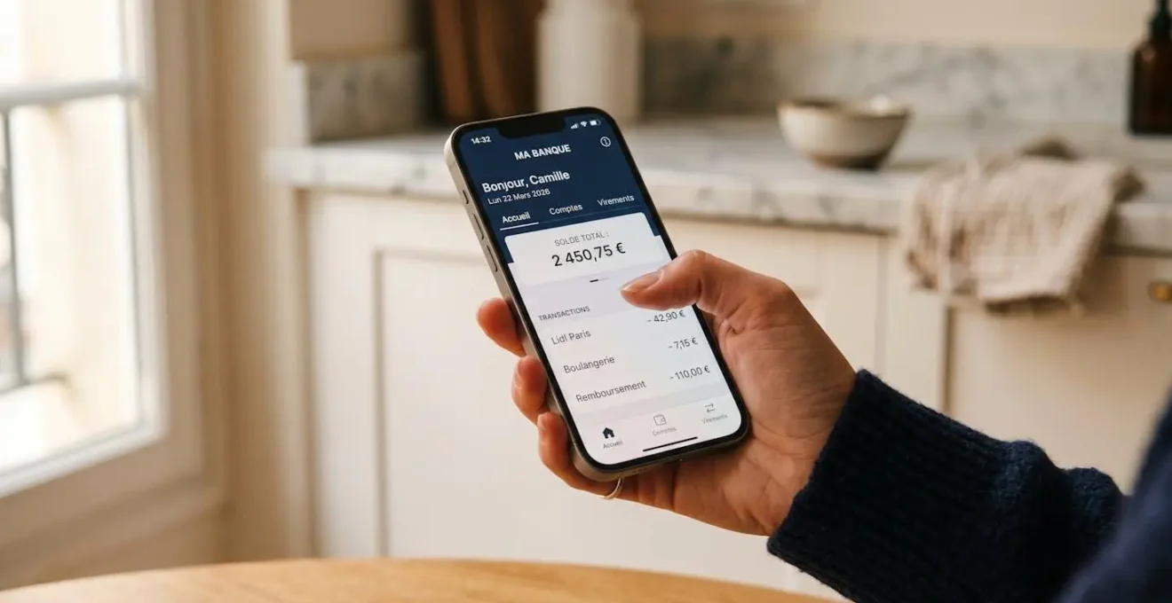Une main tenant un smartphone avec une application bancaire ouverte pour effectuer un virement sur un livret d'épargne