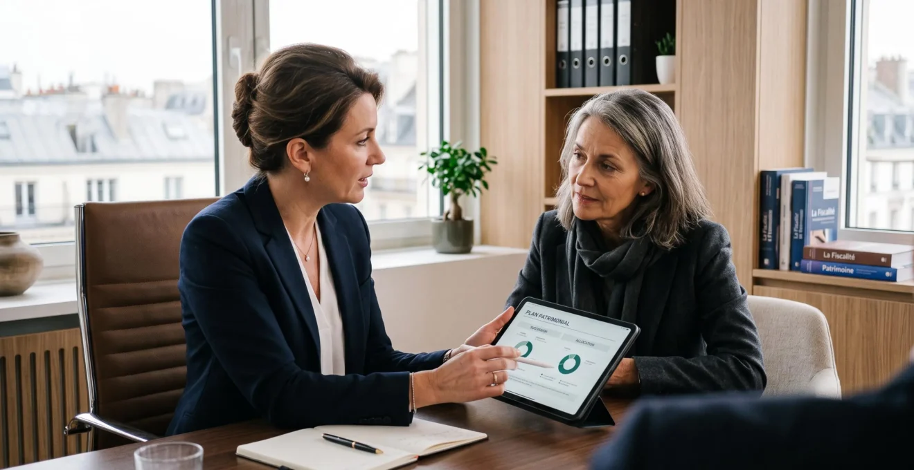 Conseiller en gestion de patrimoine expliquant des stratégies de transmission à un client lors d'une consultation dans un bureau moderne.