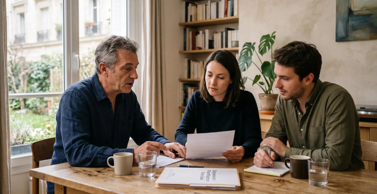 Famille multigénérationnelle discutant de planification patrimoniale autour d'une table dans un intérieur de maison français.