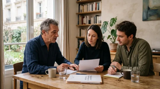 Famille multigénérationnelle discutant de planification patrimoniale autour d'une table dans un intérieur de maison français.