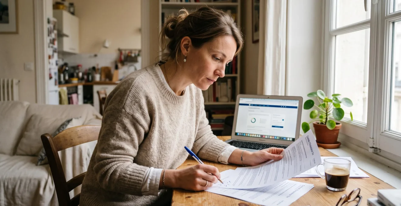 Personne consultant ses documents d'assurance vie à domicile près d'une fenêtre avec lumière naturelle.